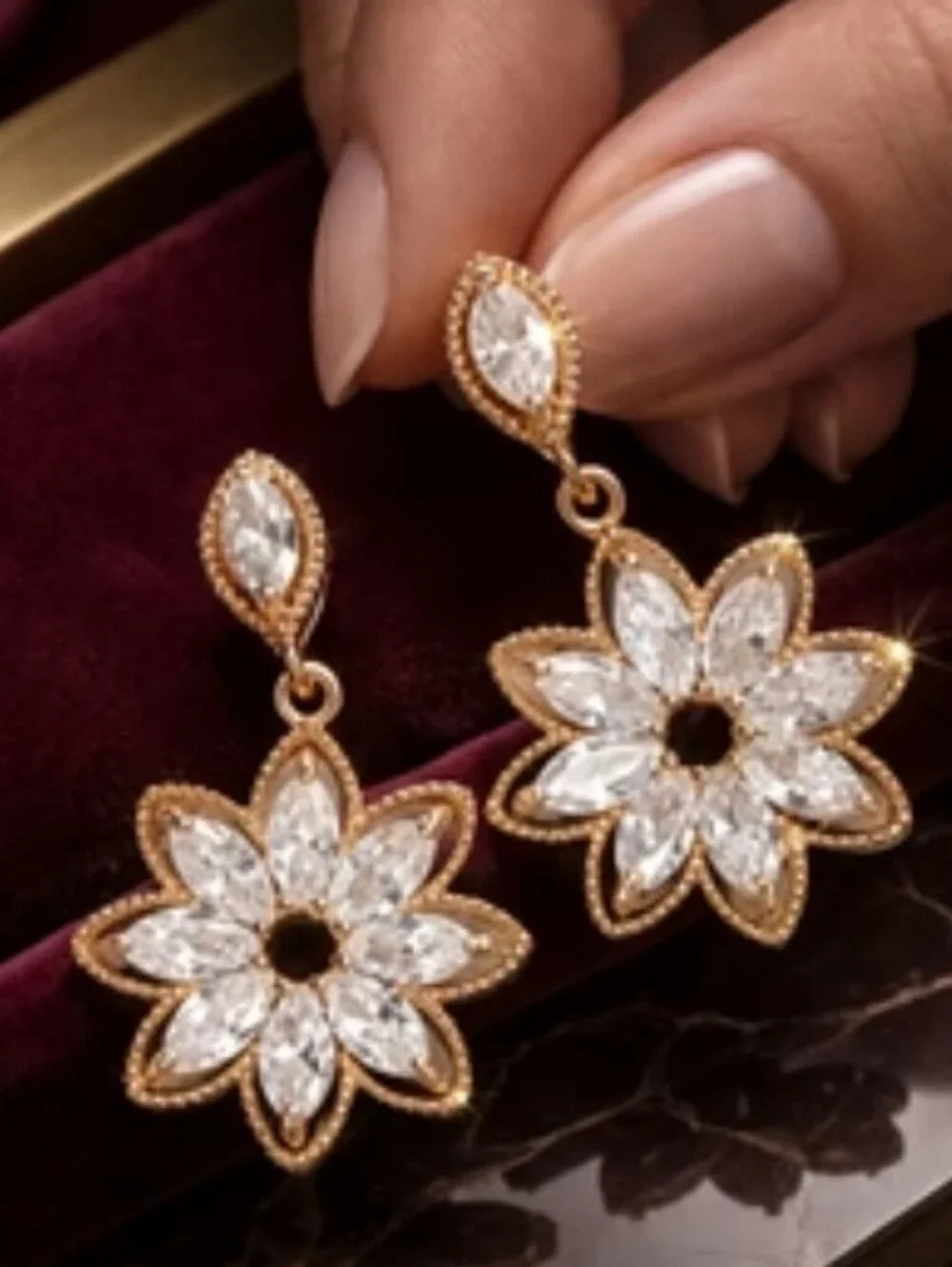 Gold Plated Dainty Zirconia Flower Hollow Stud Earrings